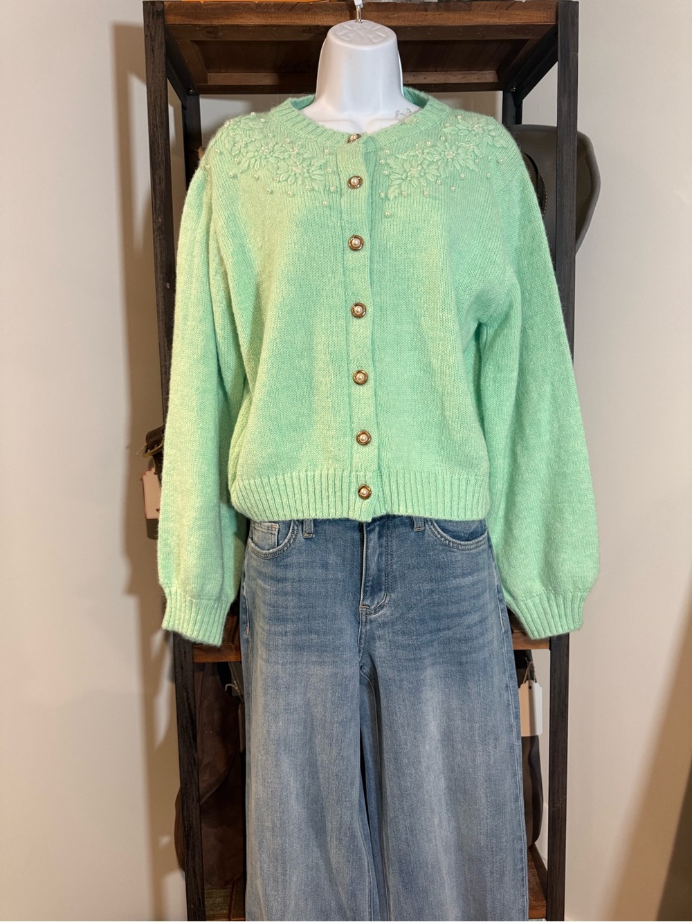 POL Mint Green Embroidered Button-Up Cardigan